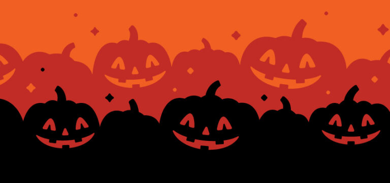 A group of carved, smiling jack-o'-lantern silhouettes gathered against a vibrant orange Halloween backdrop
