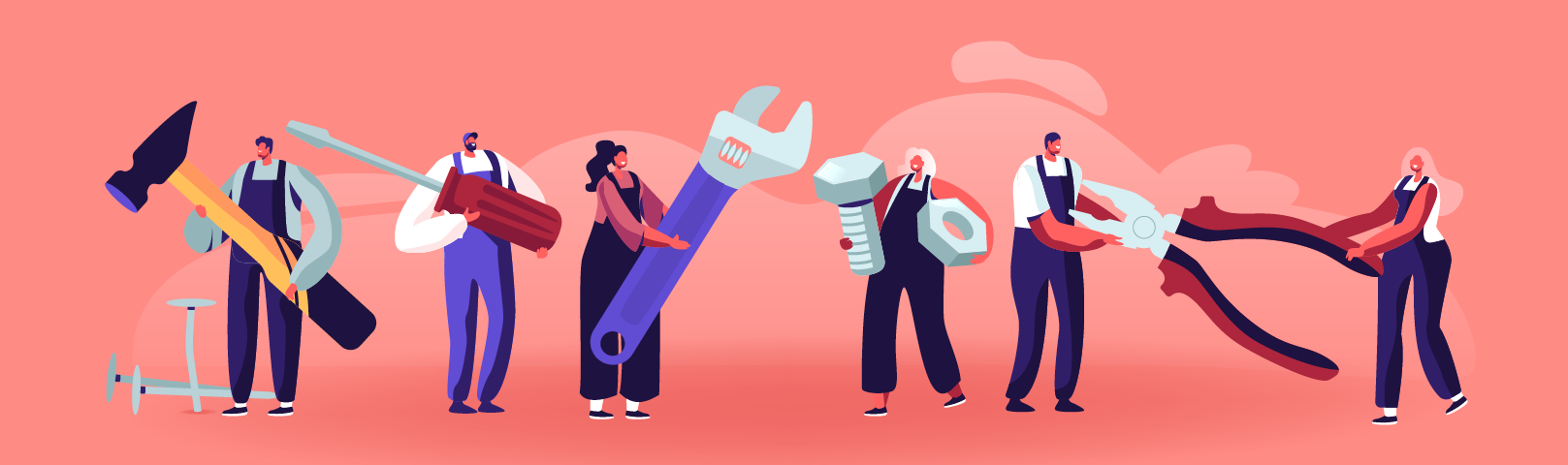 Illustration of several people in workers' coveralls holding a variety of common home maintenance tools like a screwdriver, wrench, and hammer