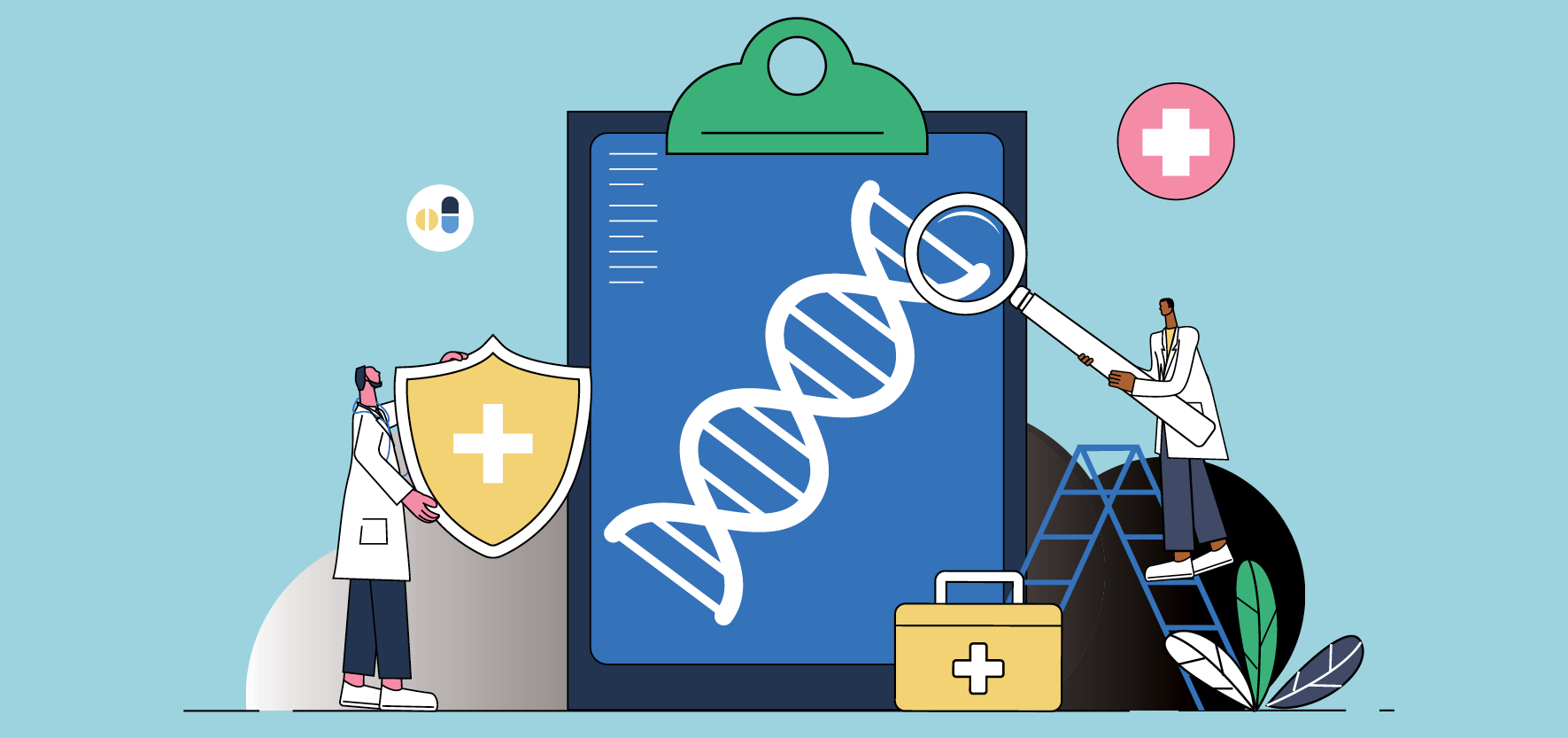 Two doctors examine a clipboard with a large DNA helix on it, with one holding a magnifying glass and the other a shield